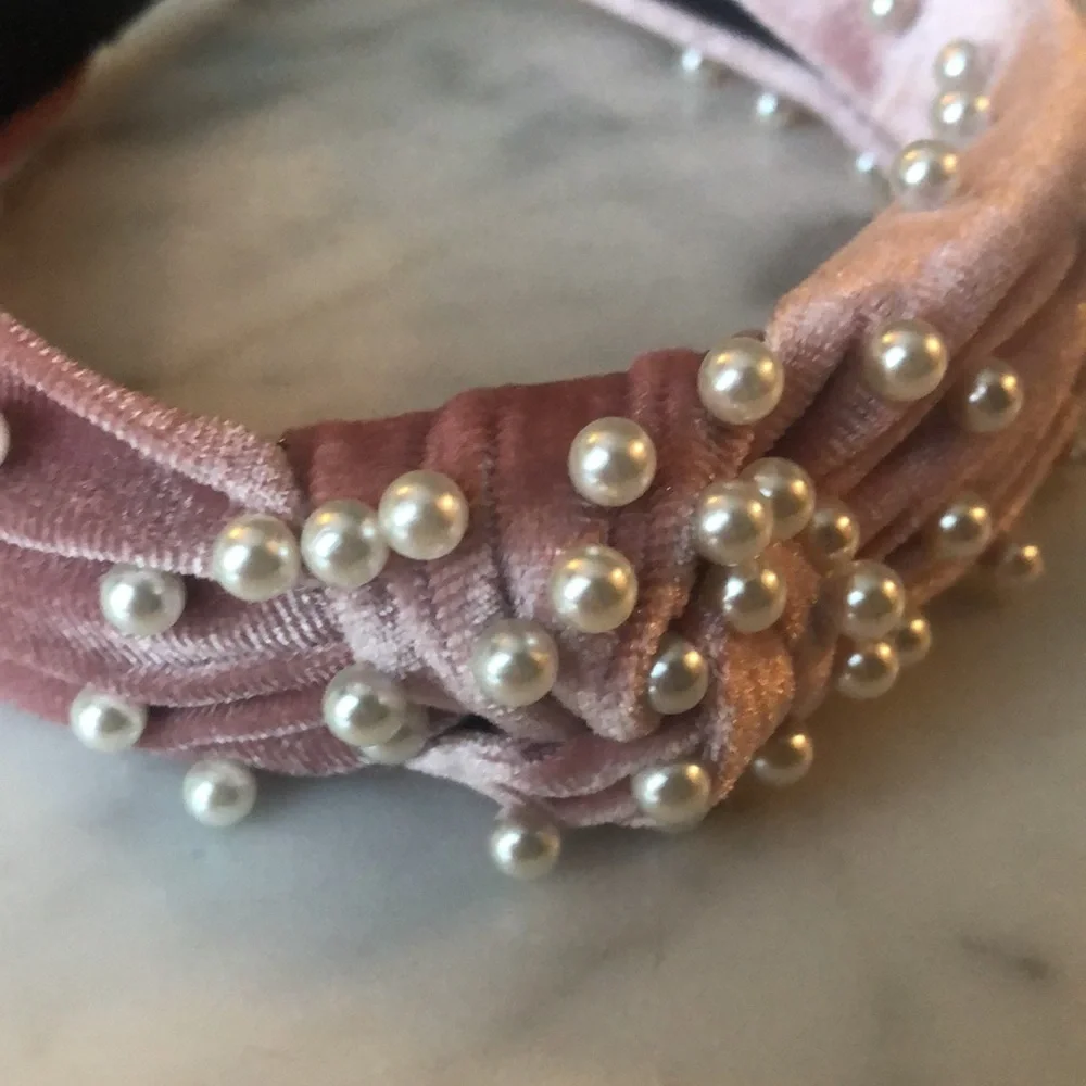 Pink Velvet & Pearl Knot Headband